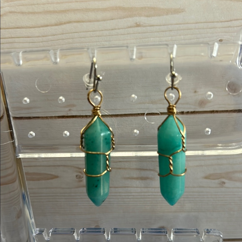 Green and Gold Wire Wrapped Earrings with Crystal Points